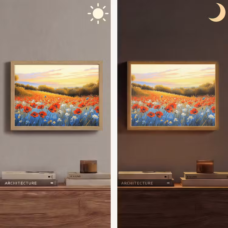 Klaproos - Bloemenveld - Kleurrijk Light Box met batterij (Wandlamp) middel -sfeer3