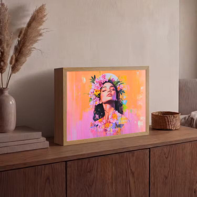 Portret - Bloemenkroon - Vrouw Light Box met batterij (Wandlamp) middel -sfeer2