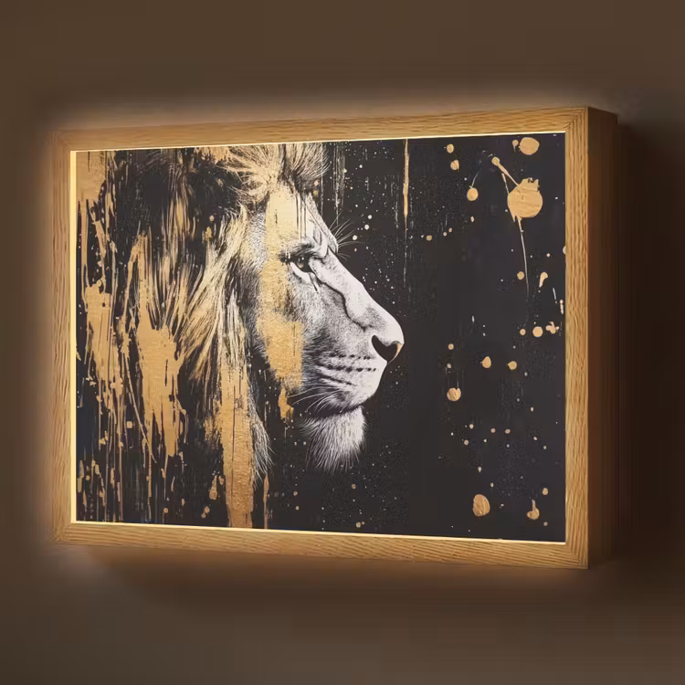 Portret - Leeuw - Abstract - Goud Light Box met batterij (Wandlamp) middel -z3d_website