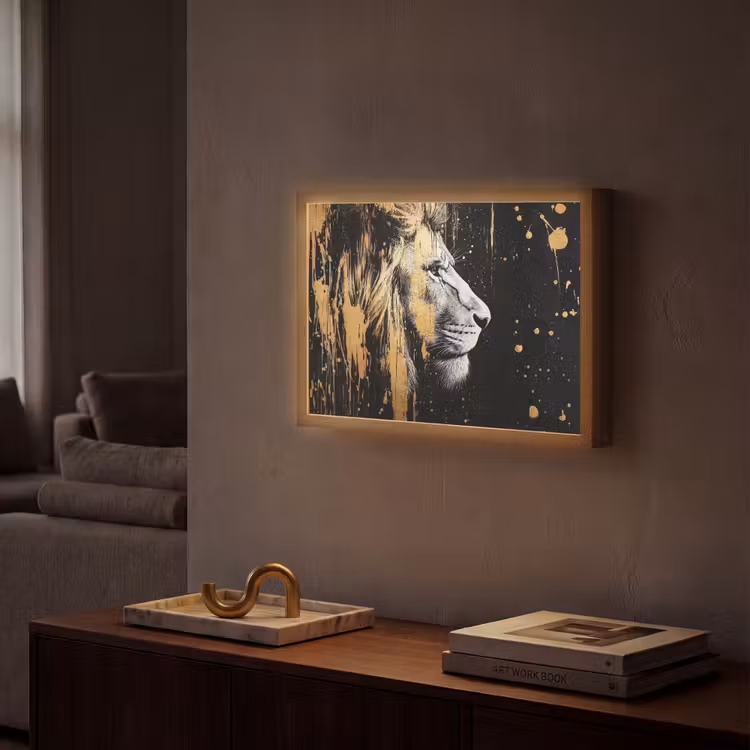 Portret - Leeuw - Abstract - Goud Light Box met batterij (Wandlamp) middel -sfeer1