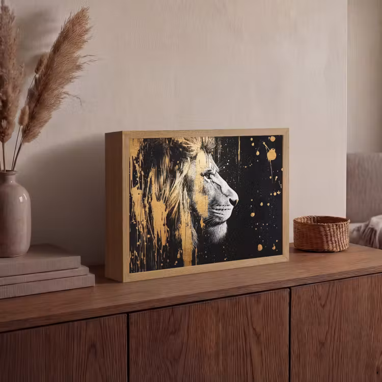 Portret - Leeuw - Abstract - Goud Light Box met batterij (Wandlamp) middel -sfeer2