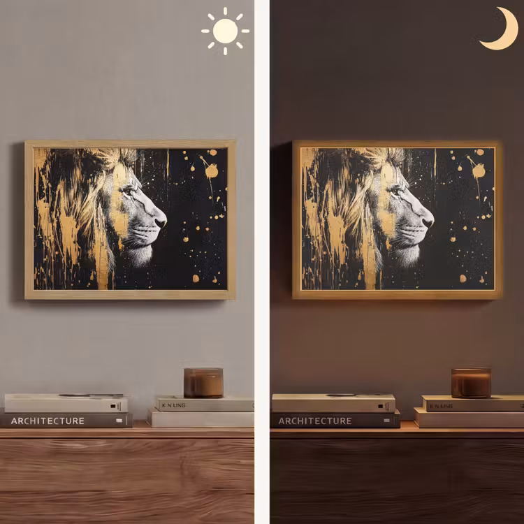 Portret - Leeuw - Abstract - Goud Light Box met batterij (Wandlamp) middel -sfeer3