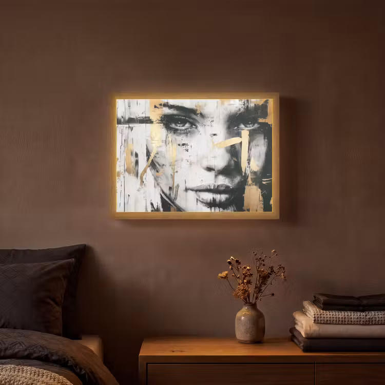 Portret - Vrouw - Penseelstreken - Goud Light Box met batterij (Wandlamp) middel -sfeer4