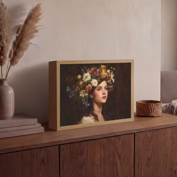 Portret - Vrouw - Bloemen Light Box met batterij (Wandlamp) middel -sfeer2