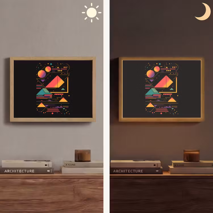 Piramides - Cirkels - Neonkleuren - Geometrisch Light Box met batterij (Wandlamp) middel -sfeer3