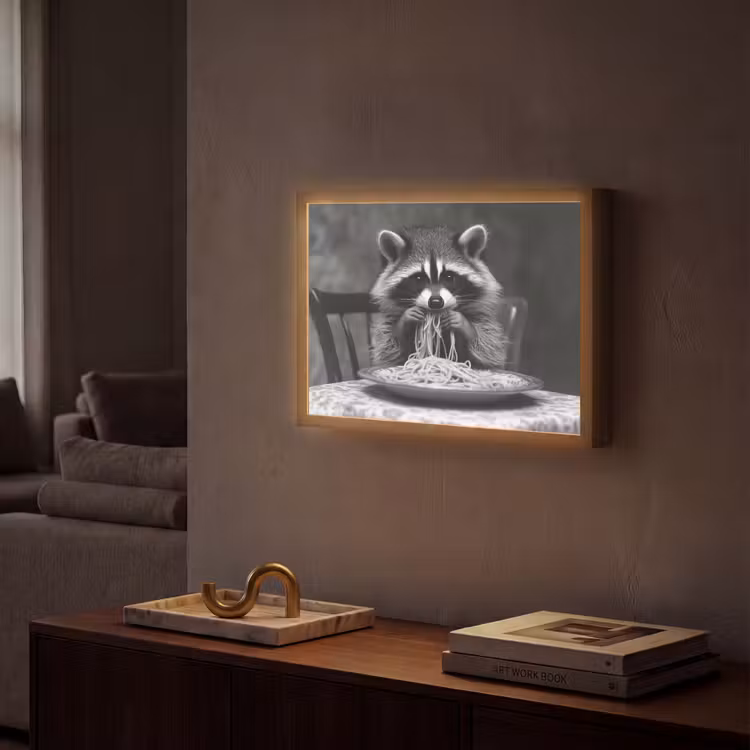 Wasbeer - Cute - Pasta - Tafelkleed - Zwart - Wit Light Box met batterij (Wandlamp) middel -sfeer1