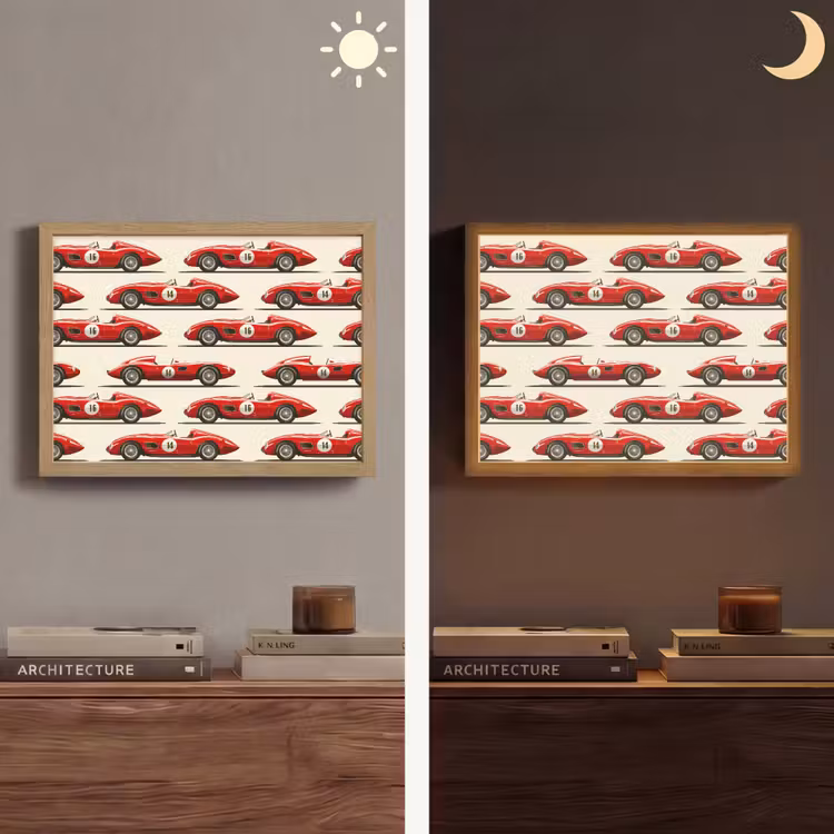 Raceauto - Retro - Rood Light Box met batterij (Wandlamp) middel 907 -sfeer3