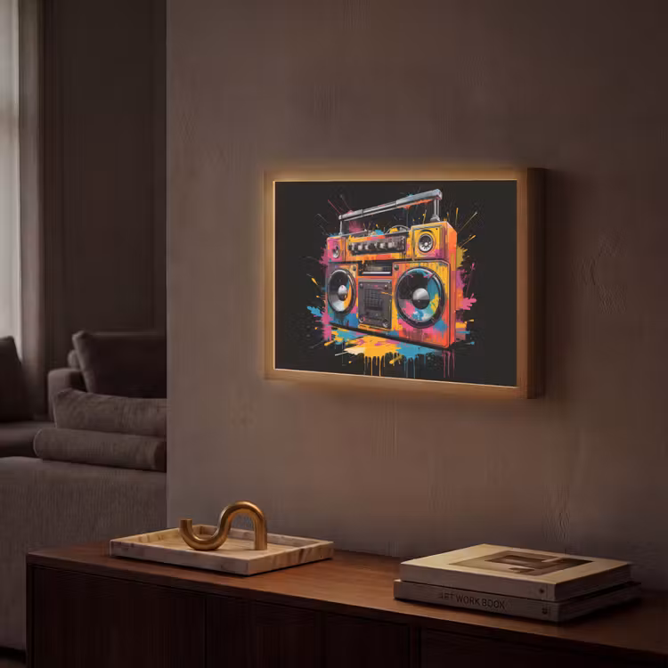 Radio - Graffiti - Box - Kleuren - Zwart Light Box met batterij (Wandlamp) middel -sfeer1