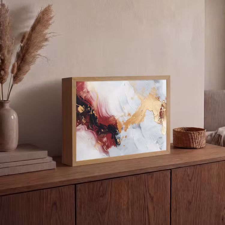 Rood - Abstract - Goud - Modern Light Box met batterij (Wandlamp) middel -sfeer2