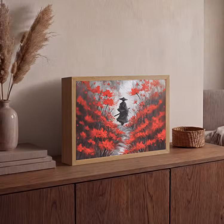 Rode bloemen - mistig - Man Light Box met batterij (Wandlamp) middel -sfeer2