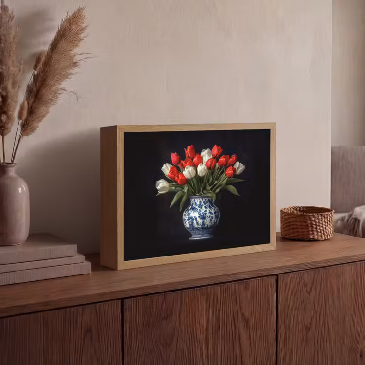 Rode - Bloemen - Tulpen - Vaas Light Box met batterij (Wandlamp) middel -sfeer2