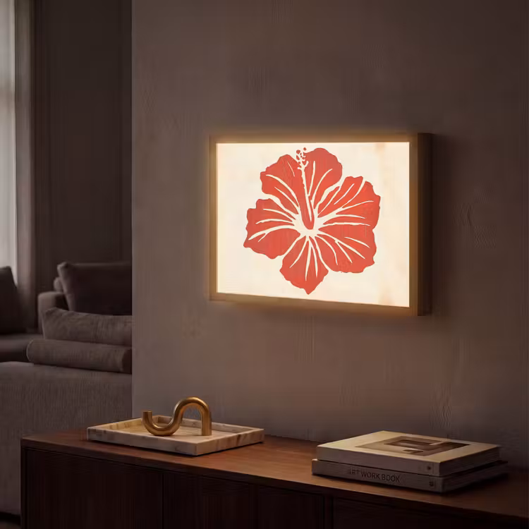 Rode hibiscusbloem - Textuur achtergrond - Beige Light Box met batterij (Wandlamp) middel -sfeer1