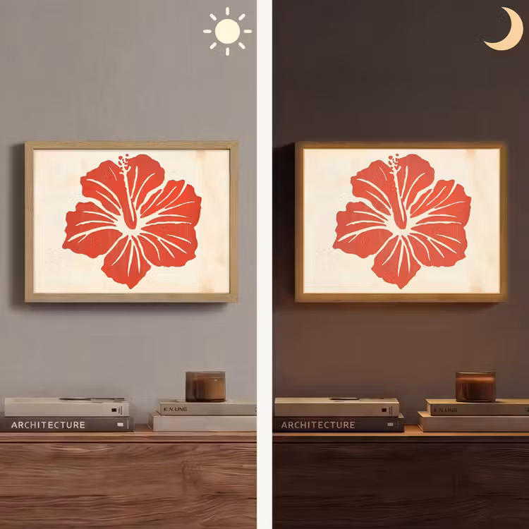 Rode hibiscusbloem - Textuur achtergrond - Beige Light Box met batterij (Wandlamp) middel -sfeer3