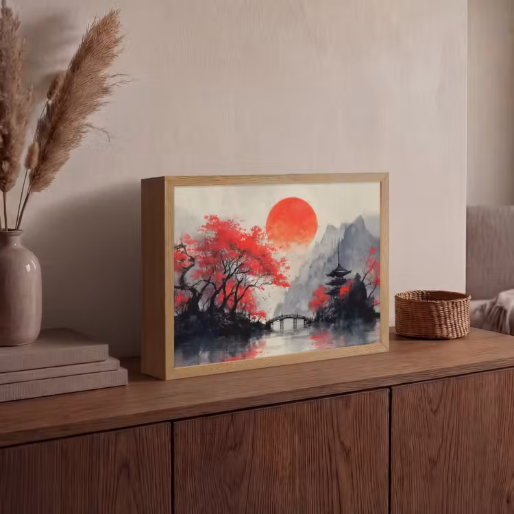 Rode zon - Rivier - brug - Bomen Light Box met batterij (Wandlamp) middel -sfeer2