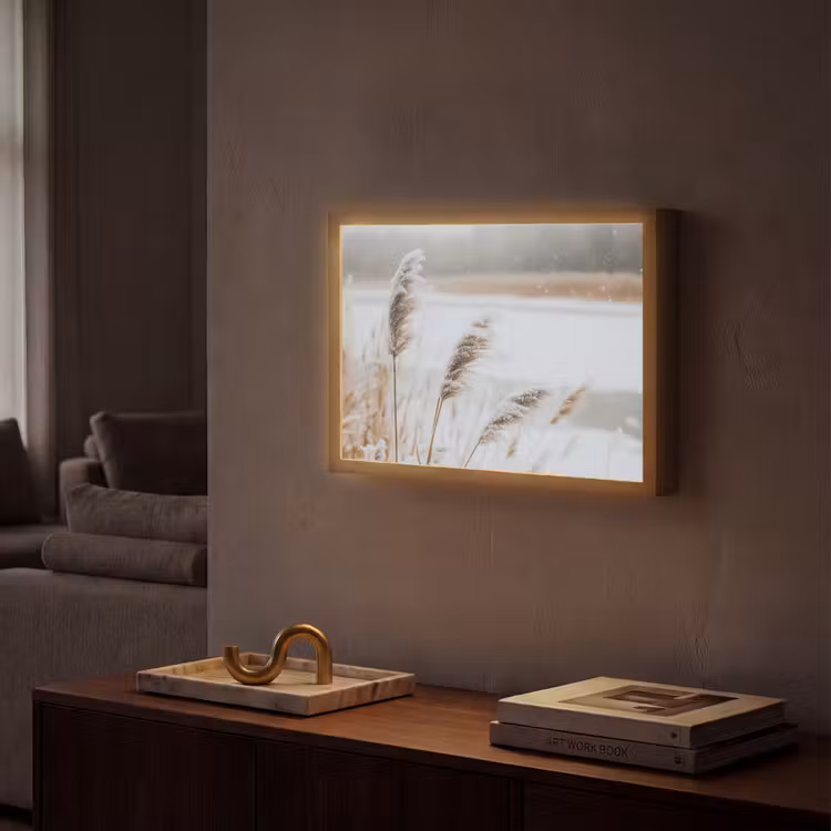 Riet - Meer - Winter - Natuur - Sneeuw - Beige Light Box met batterij (Wandlamp) middel -sfeer1
