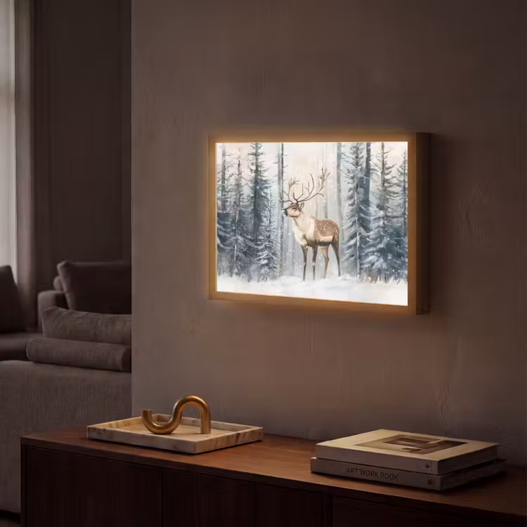 Rendier - Sneeuw - Woud - Wit Light Box met batterij (Wandlamp) middel -sfeer1