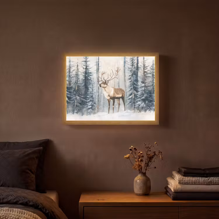 Rendier - Sneeuw - Woud - Wit Light Box met batterij (Wandlamp) middel -sfeer4