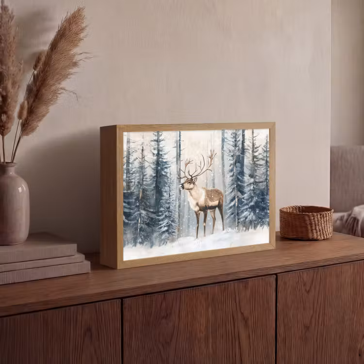 Rendier - Sneeuw - Woud - Wit Light Box met batterij (Wandlamp) middel -sfeer2