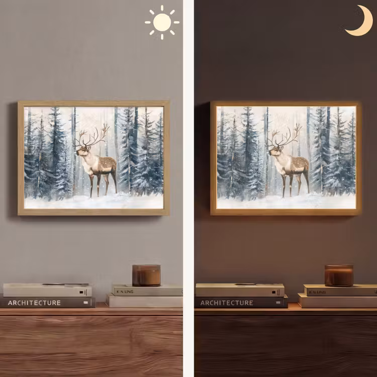 Rendier - Sneeuw - Woud - Wit Light Box met batterij (Wandlamp) middel -sfeer3