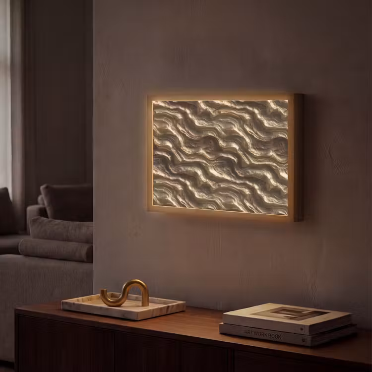 Reliëf - Golven - Abstract - Bronsgoud Light Box met batterij (Wandlamp) middel 907 -sfeer1
