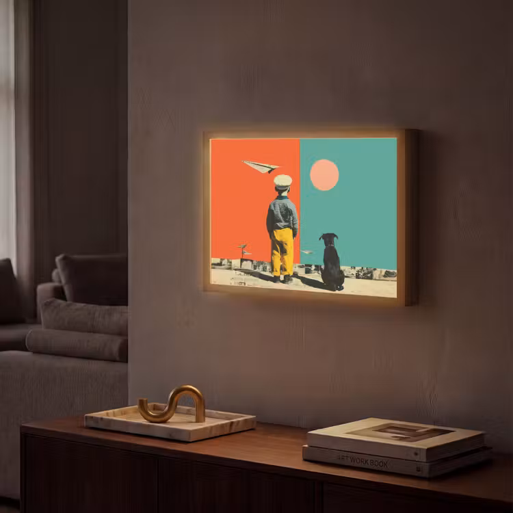 Retro - Jongen - Hond - Rood - Groen Light Box met batterij (Wandlamp) middel -sfeer1