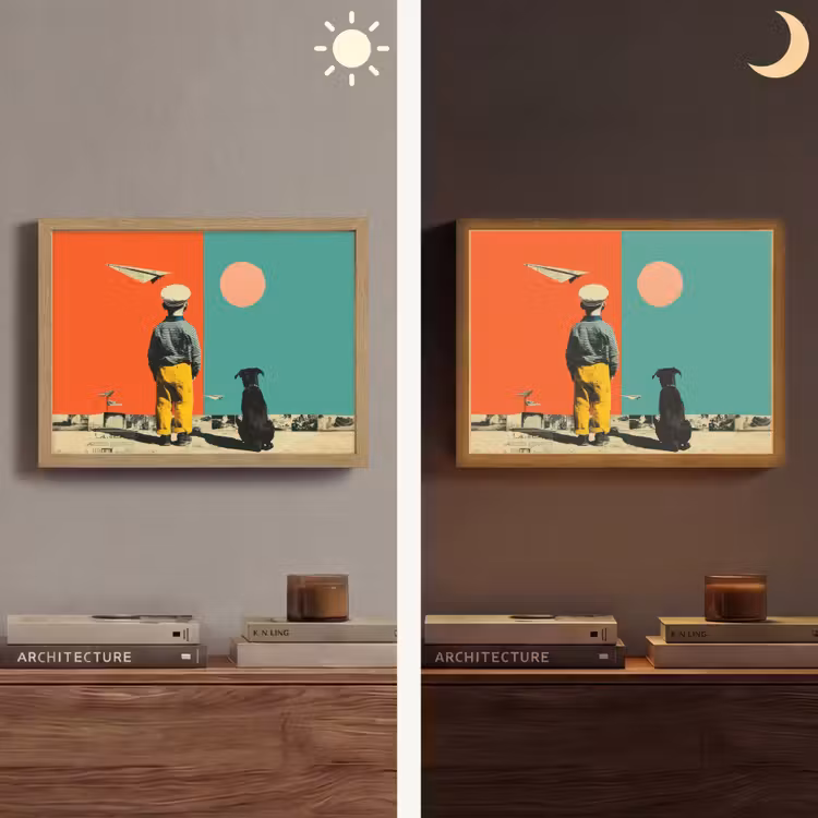 Retro - Jongen - Hond - Rood - Groen Light Box met batterij (Wandlamp) middel -sfeer3