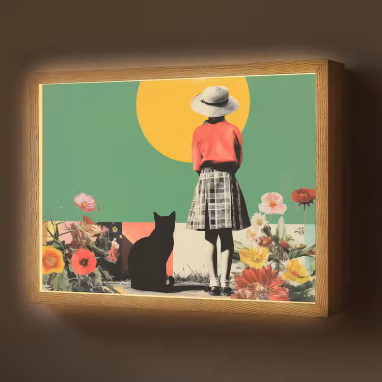 Retro - Meisje - Kat - Zon Light Box met batterij (Wandlamp) middel -z3d_website