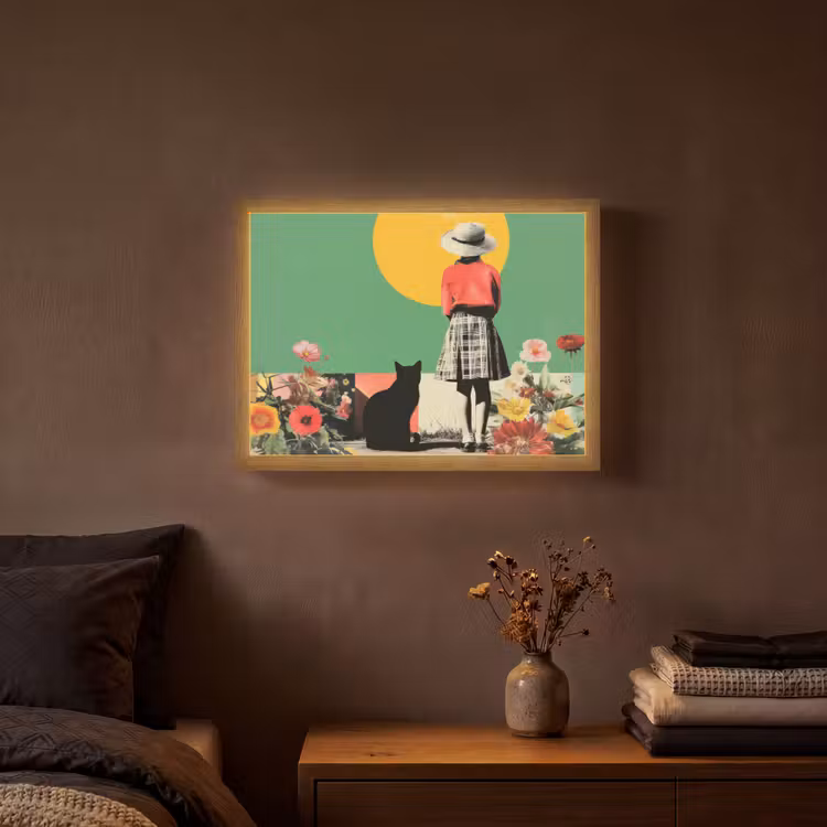 Retro - Meisje - Kat - Zon Light Box met batterij (Wandlamp) middel -sfeer4