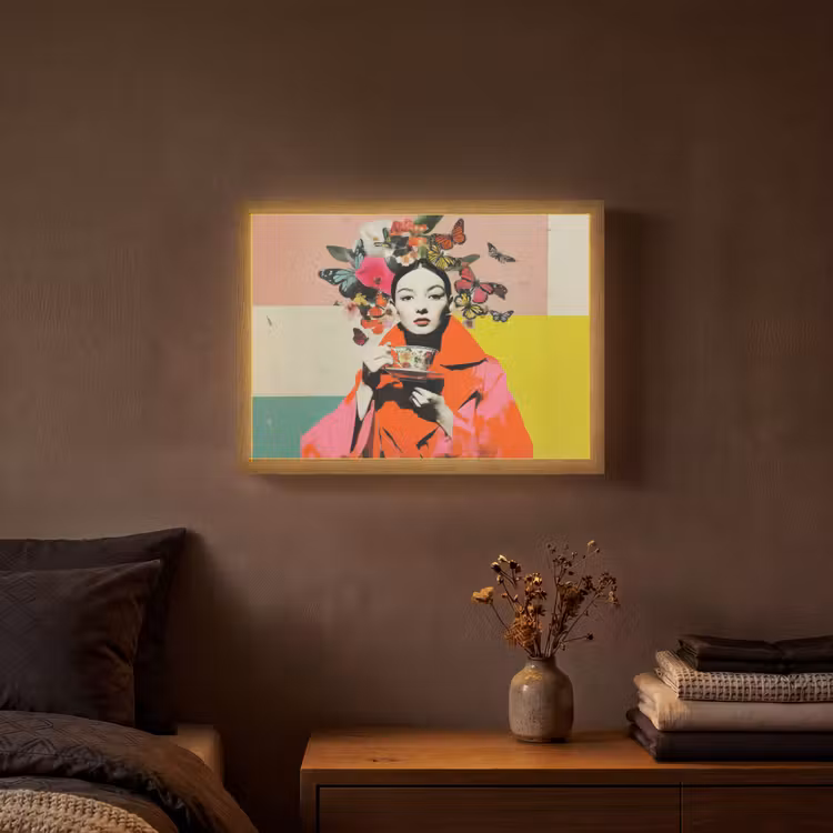 Retro - Vrouw - Kopje - Vlinders Light Box met batterij (Wandlamp) middel -sfeer4