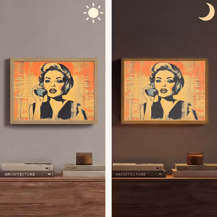 Retro - Vrouw - Koptelefoon - Oranje Light Box met batterij (Wandlamp) middel -sfeer3