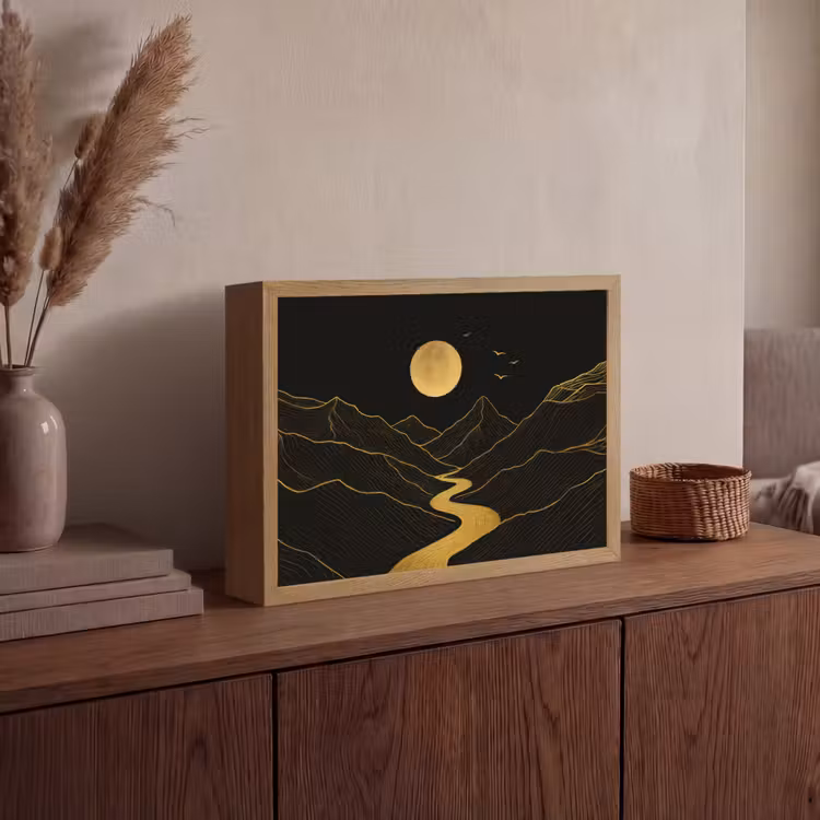Rivier - Goud - Maan - Vogels Light Box met batterij (Wandlamp) middel -sfeer2