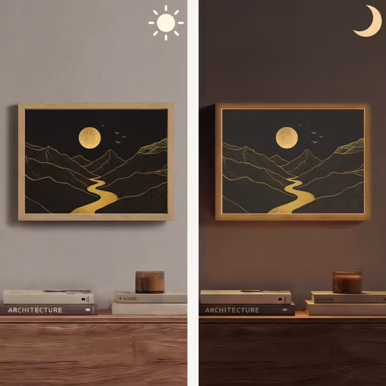 Rivier - Goud - Maan - Vogels Light Box met batterij (Wandlamp) middel -sfeer3