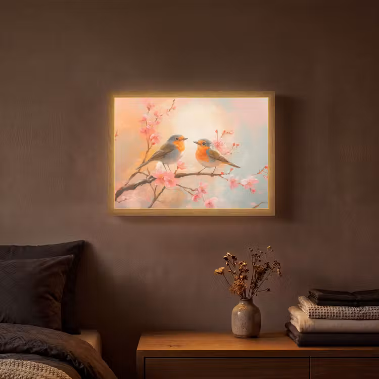 Roodborstjes - Sierlijk - Bloesemtak Light Box met batterij (Wandlamp) middel -sfeer4