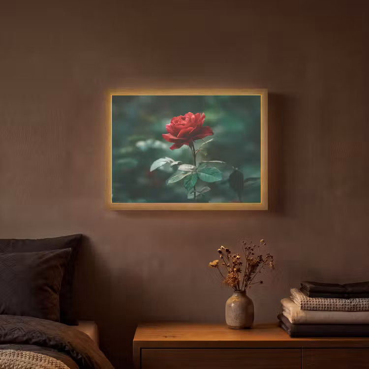 Roos - Bladeren - Dieprood Light Box met batterij (Wandlamp) middel -sfeer4