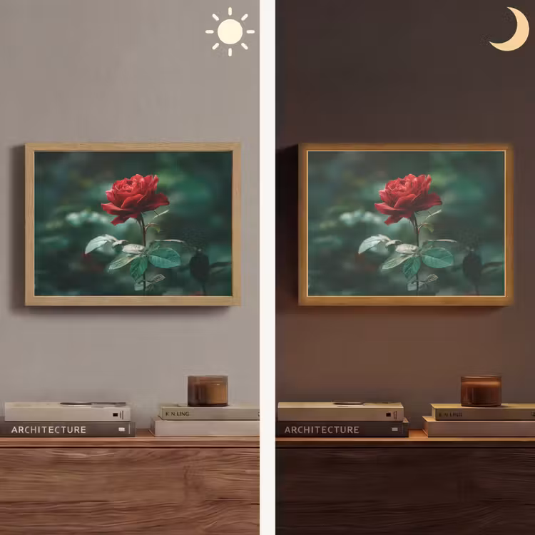 Roos - Bladeren - Dieprood Light Box met batterij (Wandlamp) middel -sfeer3