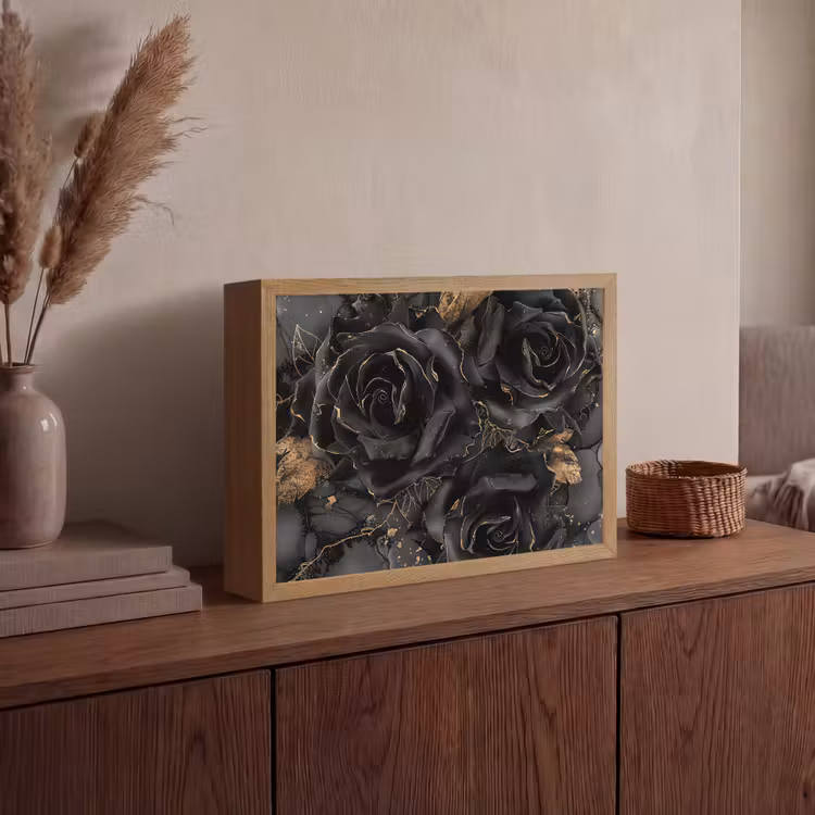 Rozen - Zwart - Bloemen - Goud Light Box met batterij (Wandlamp) middel -sfeer2