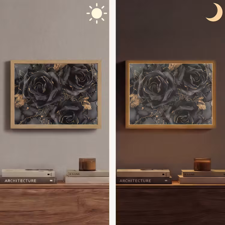 Rozen - Zwart - Bloemen - Goud Light Box met batterij (Wandlamp) middel -sfeer3