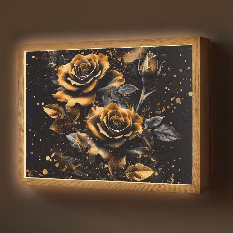 Rozen - Goud - Zwart - Bloemen - Modern Light Box met batterij (Wandlamp) middel -z3d_website