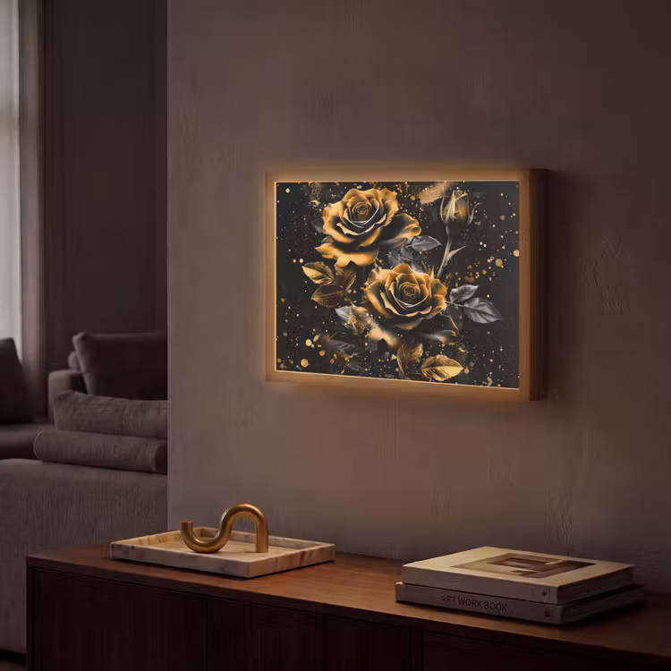 Rozen - Goud - Zwart - Bloemen - Modern Light Box met batterij (Wandlamp) middel -sfeer1