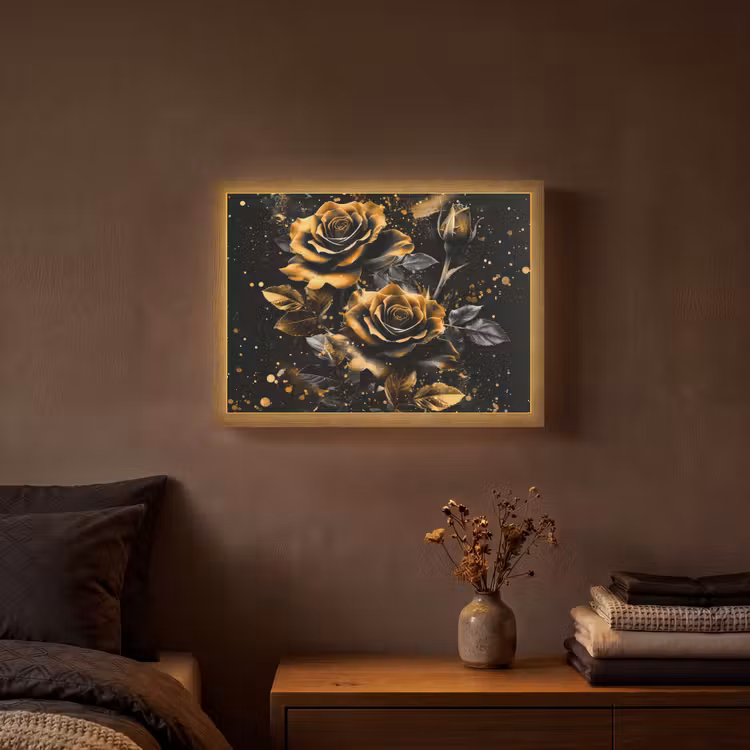 Rozen - Goud - Zwart - Bloemen - Modern Light Box met batterij (Wandlamp) middel -sfeer4