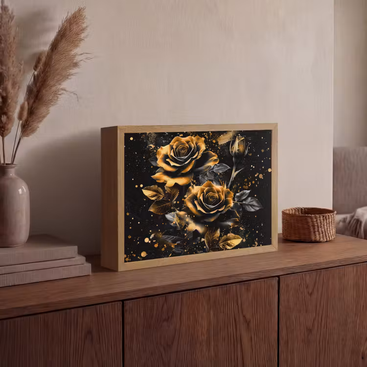 Rozen - Goud - Zwart - Bloemen - Modern Light Box met batterij (Wandlamp) middel -sfeer2