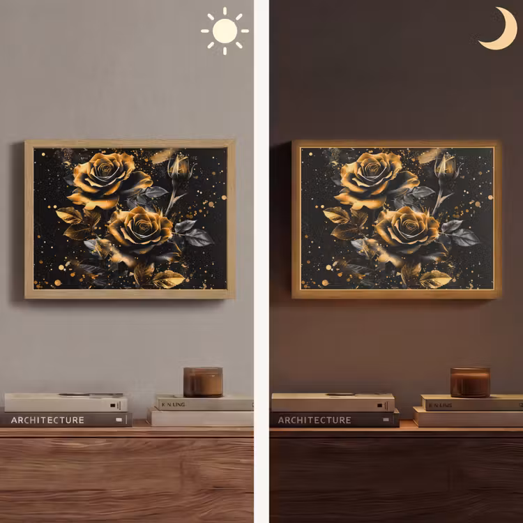 Rozen - Goud - Zwart - Bloemen - Modern Light Box met batterij (Wandlamp) middel -sfeer3