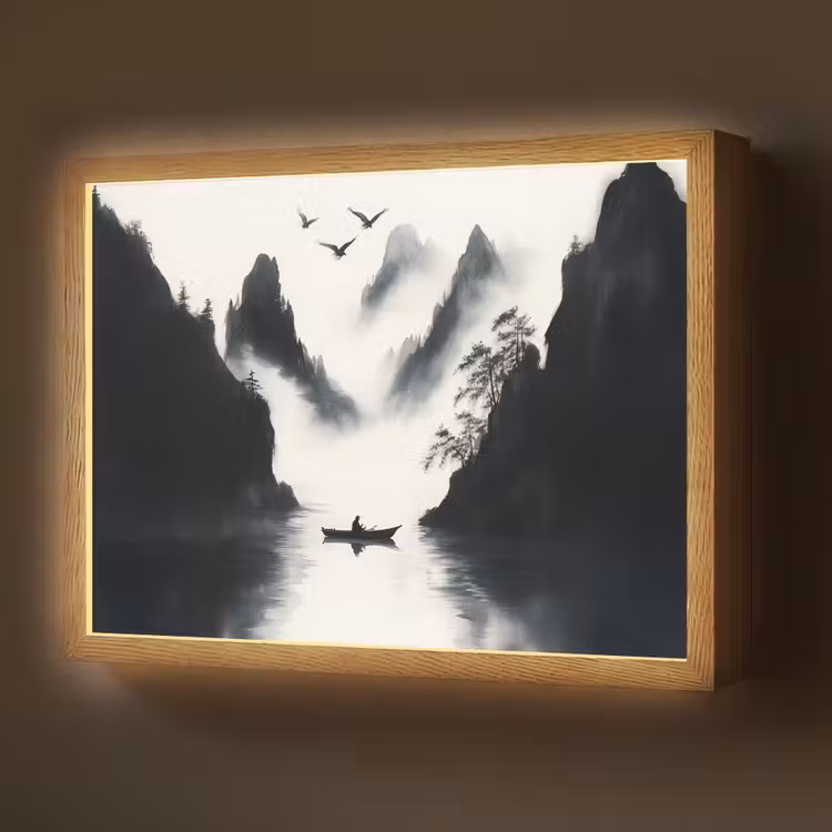 Roeiboot - Mistig - Bergen - Vogels Light Box met batterij (Wandlamp) middel -z3d_website