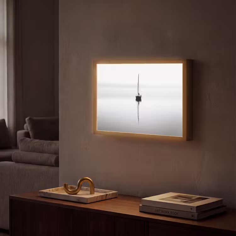 Zeilboot - Zwart - Water - Silhouet Light Box met batterij (Wandlamp) middel -sfeer1