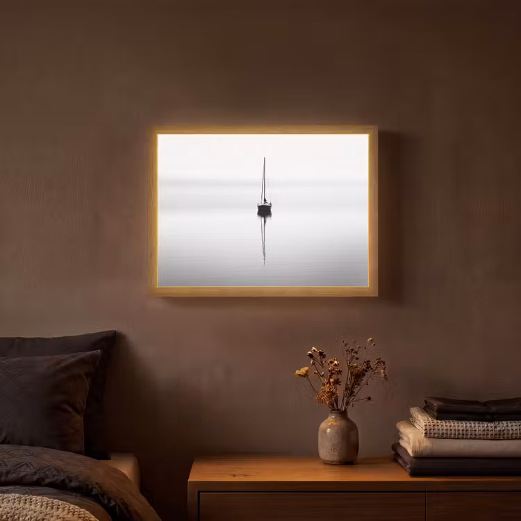 Zeilboot - Zwart - Water - Silhouet Light Box met batterij (Wandlamp) middel -sfeer4