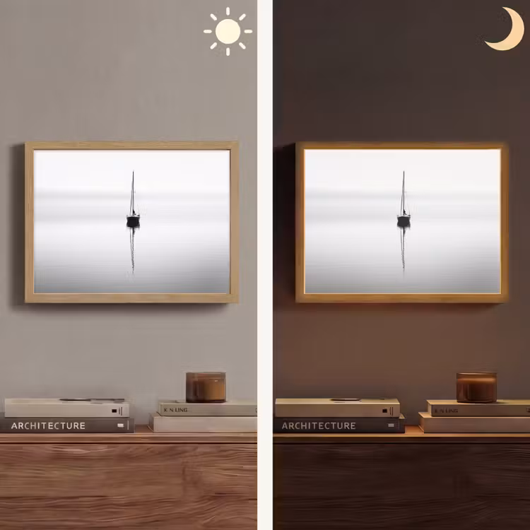 Zeilboot - Zwart - Water - Silhouet Light Box met batterij (Wandlamp) middel -sfeer3