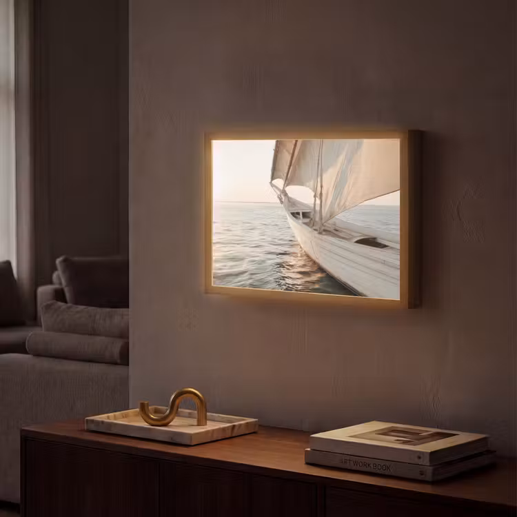 Zeilboot - Zee - Beige - Zon Light Box met batterij (Wandlamp) middel -sfeer1