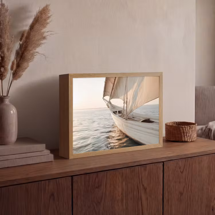 Zeilboot - Zee - Beige - Zon Light Box met batterij (Wandlamp) middel -sfeer2