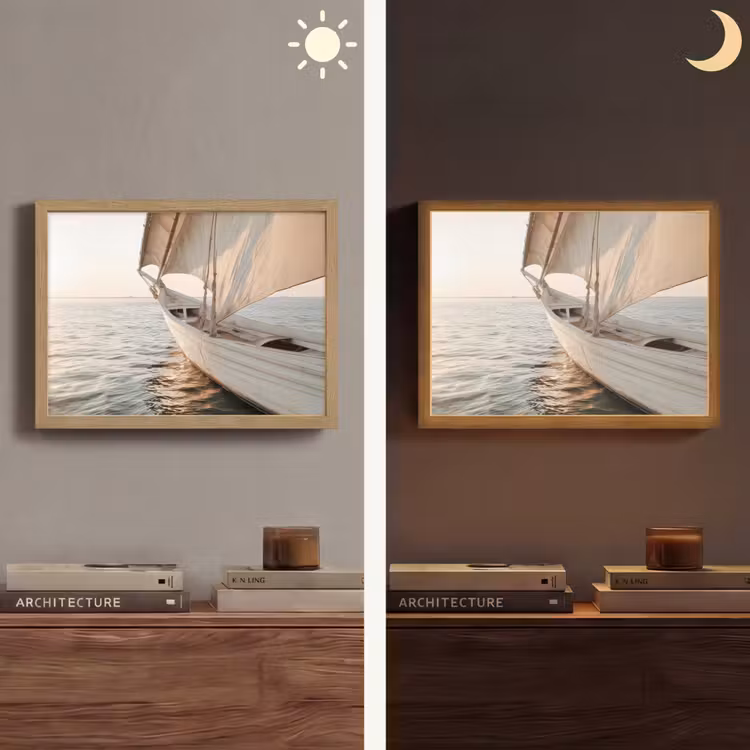Zeilboot - Zee - Beige - Zon Light Box met batterij (Wandlamp) middel -sfeer3