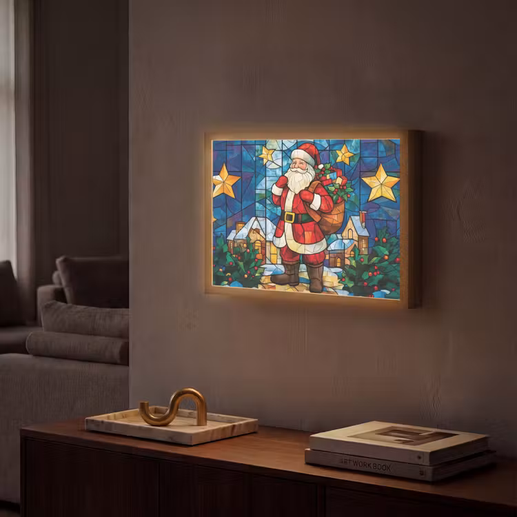 Kerstman - Glas - Kleurrijk Light Box met batterij (Wandlamp) middel -sfeer1